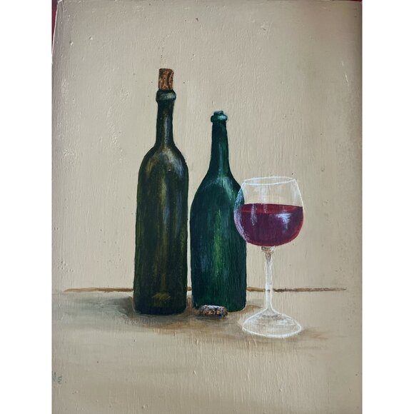 Vintage Hand-Painted Wooden Serving Tray – Wine Bottle & Glass Still Life – Sign - Picture 3 of 6